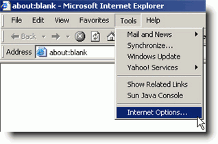 Tools menu with Internet Options Internet Explorer 6
