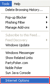 Tools menu with Internet Options Internet Explorer 7