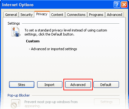 Privacy Advanced button Internet Explorer 7