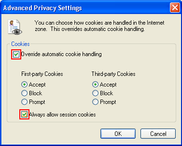 Advanced Privacy Settings Override Automatic Cookie Handling and Always allow session cookies Internet Explorer 7