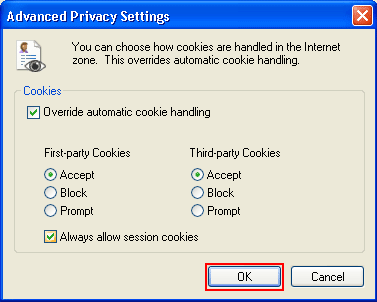 Advance Privacy Settings OK button Internet Explorer 7